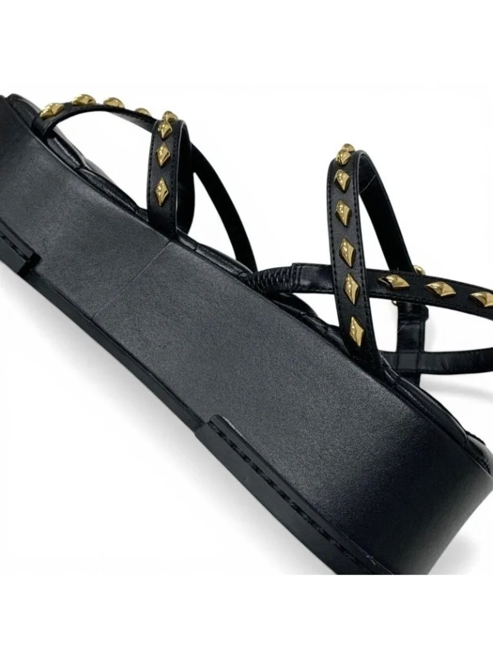 Louis Vuitton Maya Line Sandals Shoes Leather Black Gold LV Logo Studs Strap
